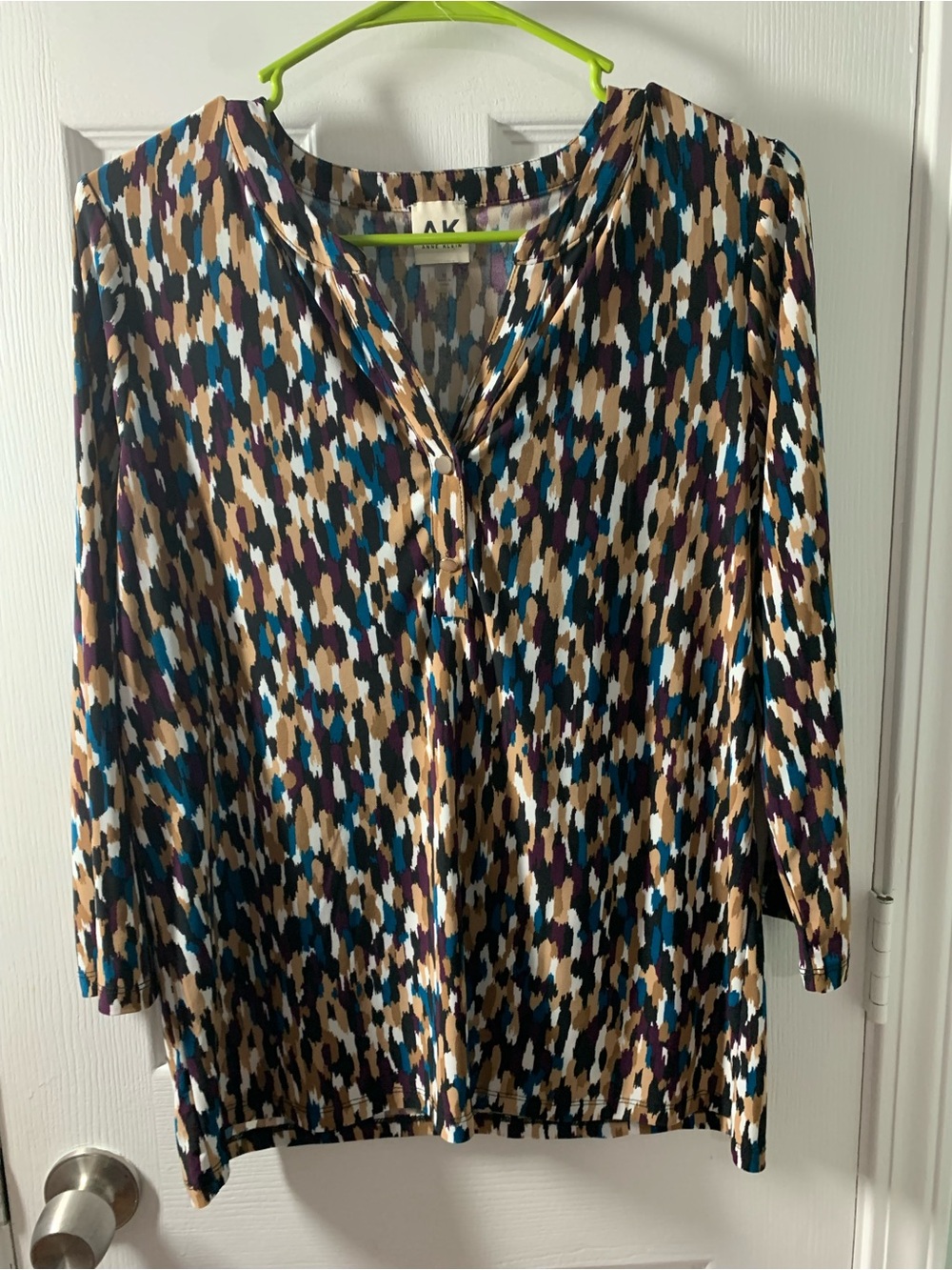 Anne Klein Multi-Color Abstract V-Neck Blouse- Teal, Tan, Purple, Black, White